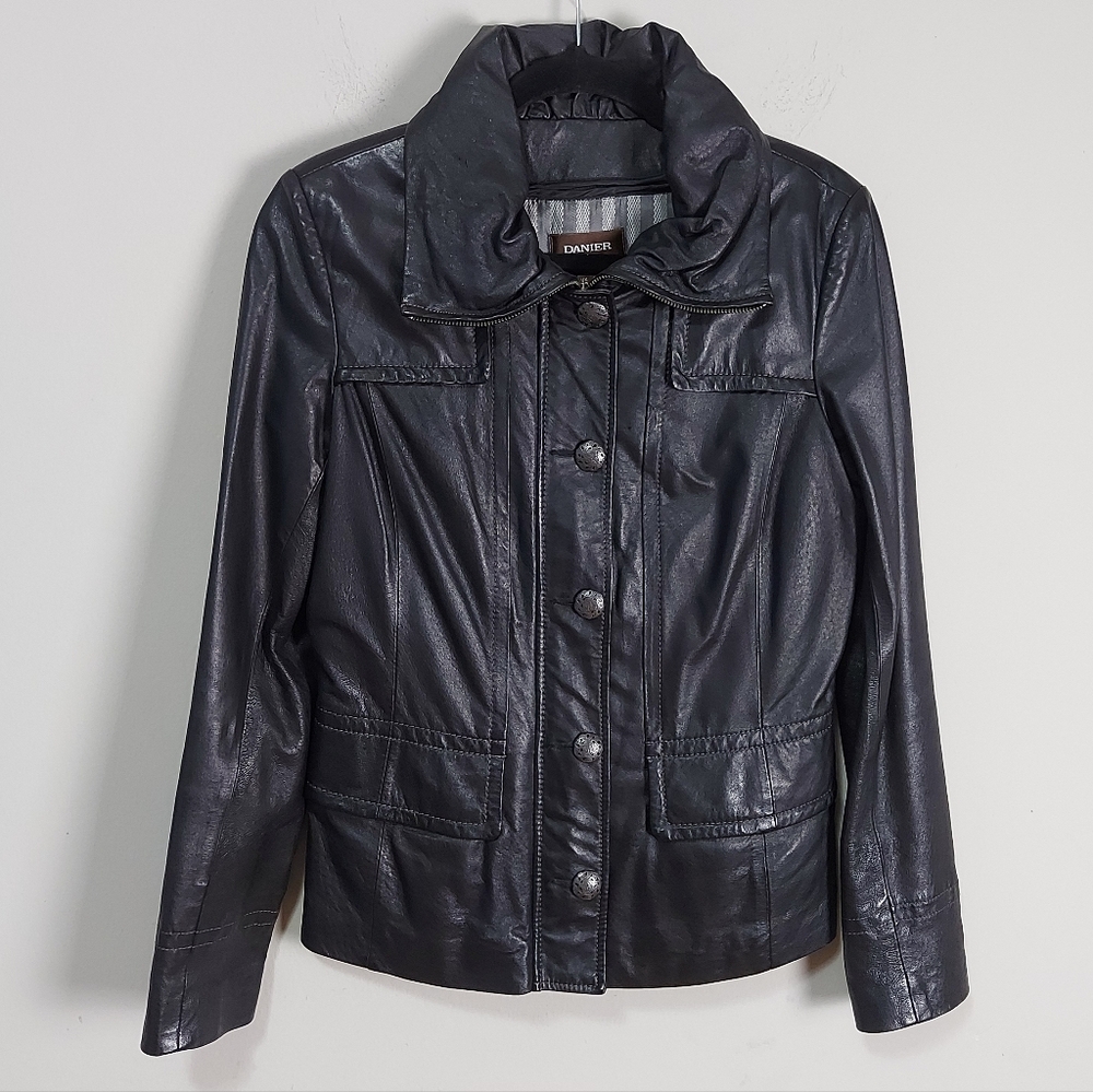 Danier Women Black Leather Jacket XS Zip Button Striped Removable Zip-out Lining